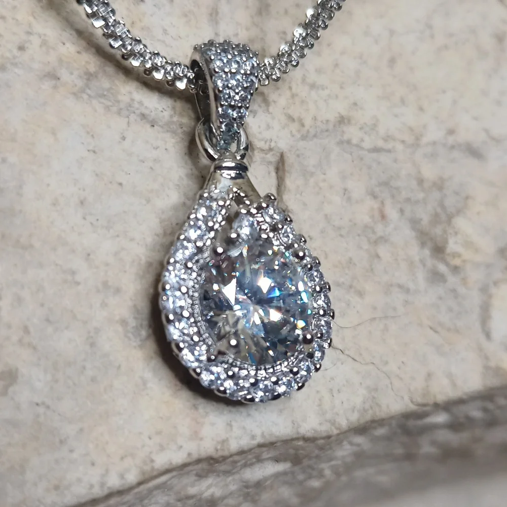 Elegant Diamond CZ Silver Pendant Necklace Bridal Jewelry